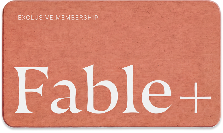 Fable+ exclusive membership card graphic in terracotta with white lettering