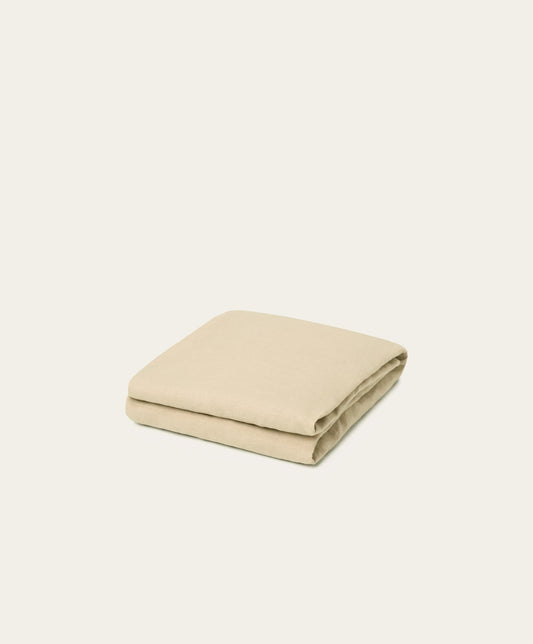 Linen Fitted Sheet by Fable Home, shown in Birch Sand. – #birchsand/full #birchsand/queen #birchsand/king