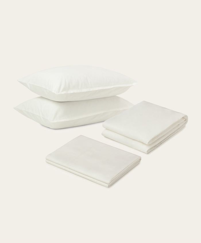Percale Sheet Set by Fable Home, shown in Shell White. – #shellwhite/queen #shellwhite/king