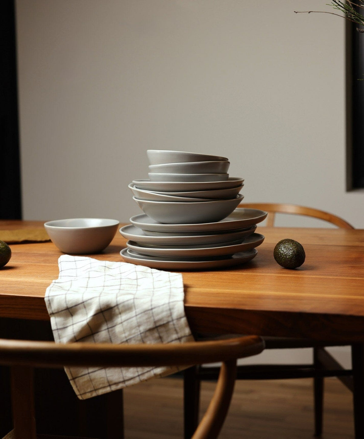 Complete Dinnerware Set by Fable Home, shown in Dove Gray.