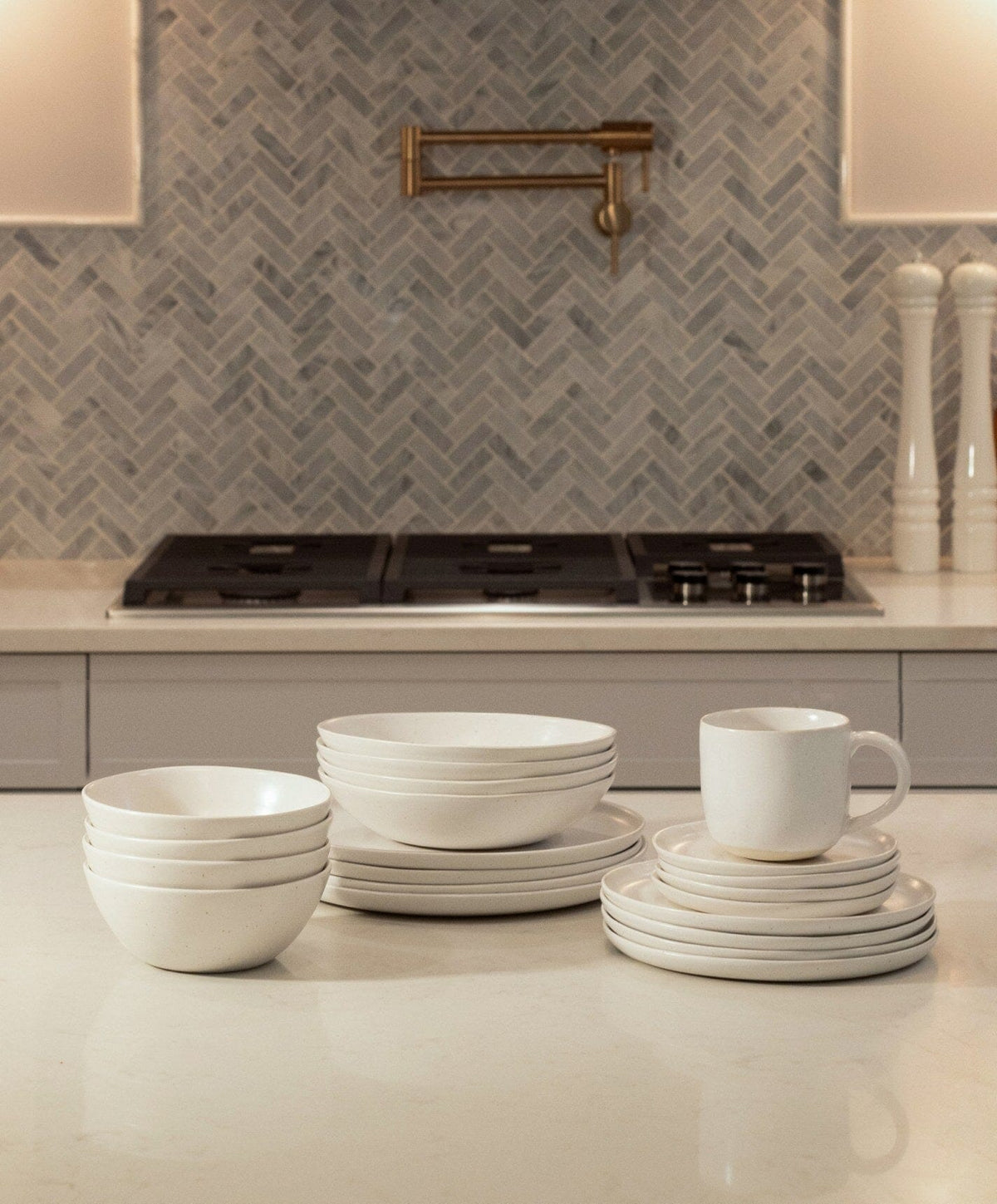Complete Dinnerware Set by Fable Home, shown in Speckled White.