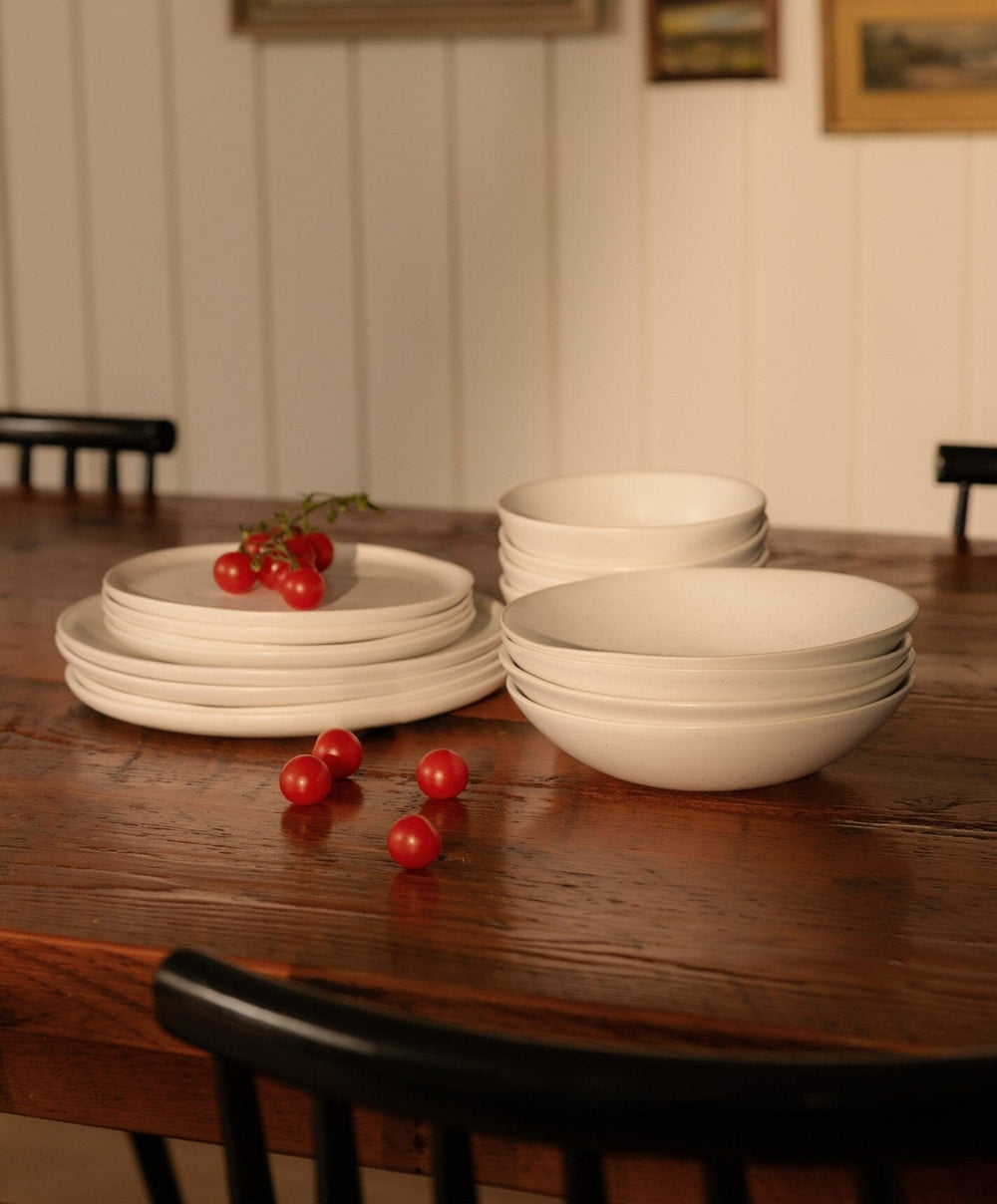 Complete Dinnerware Set by Fable Home, shown in Speckled White.