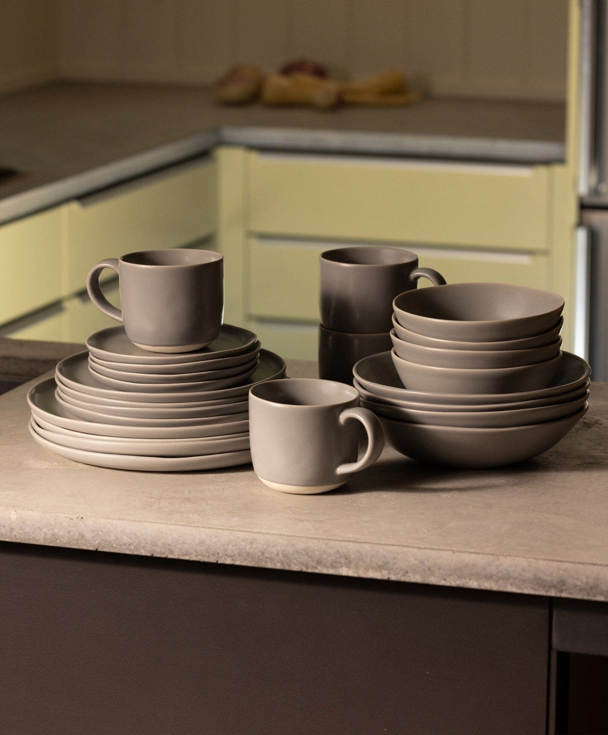 Complete Dinnerware Set by Fable Home, shown in Dove Gray.