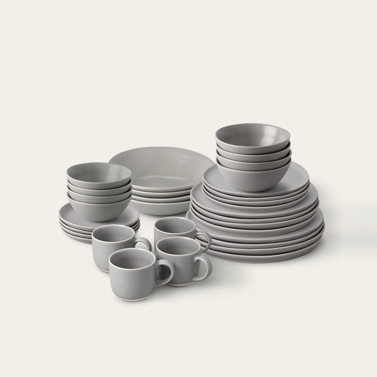 Complete Dinnerware Set by Fable Home, shown in Dove Gray.