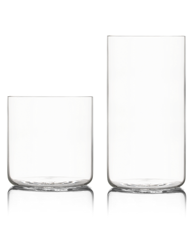 Fable clear glass tumbler and tall highball glass side by side on a white background
