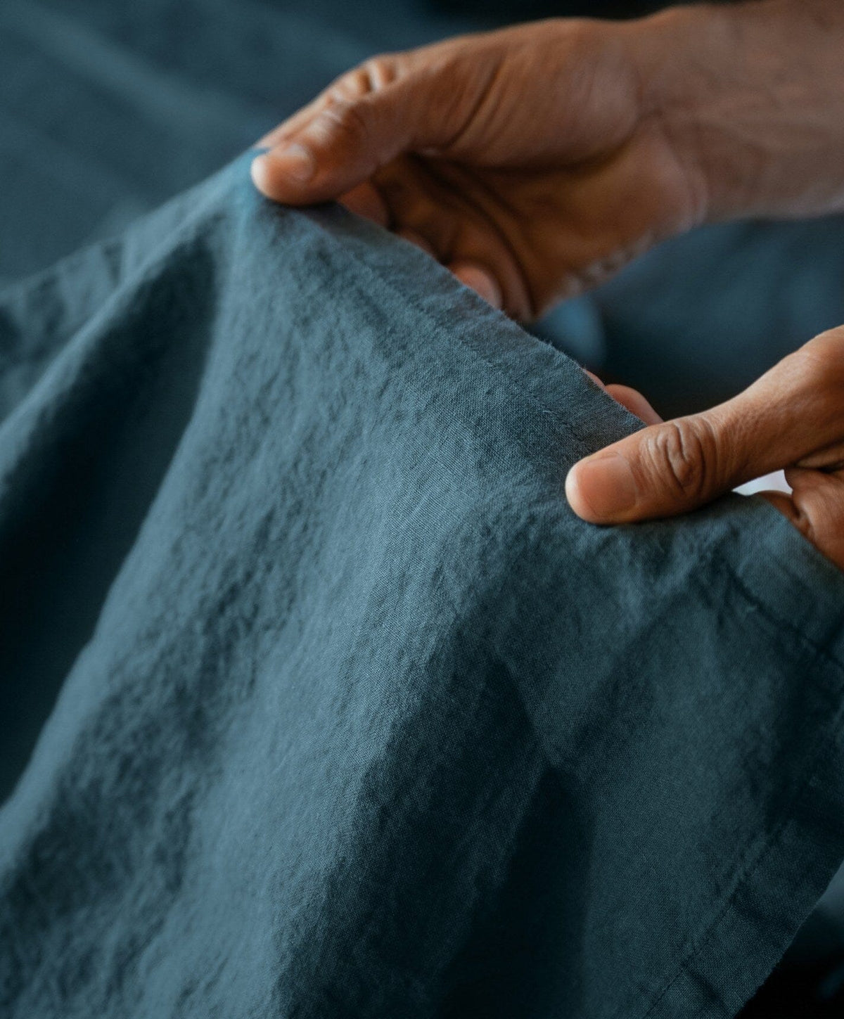 Linen Complete Bed Set by Fable Home, shown in Storm Blue.