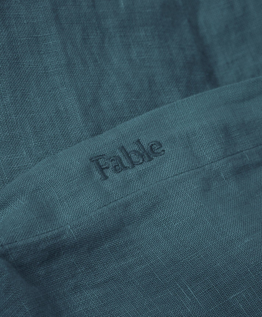 Linen Duvet Cover by Fable Home, shown in Storm Blue.