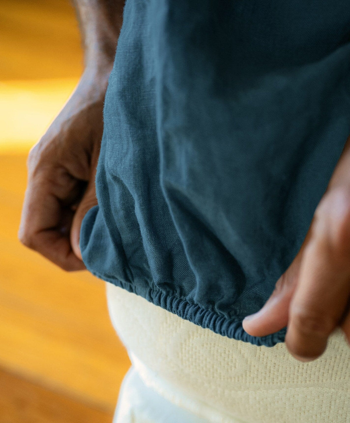 Linen Fitted Sheet by Fable Home, shown in Storm Blue.