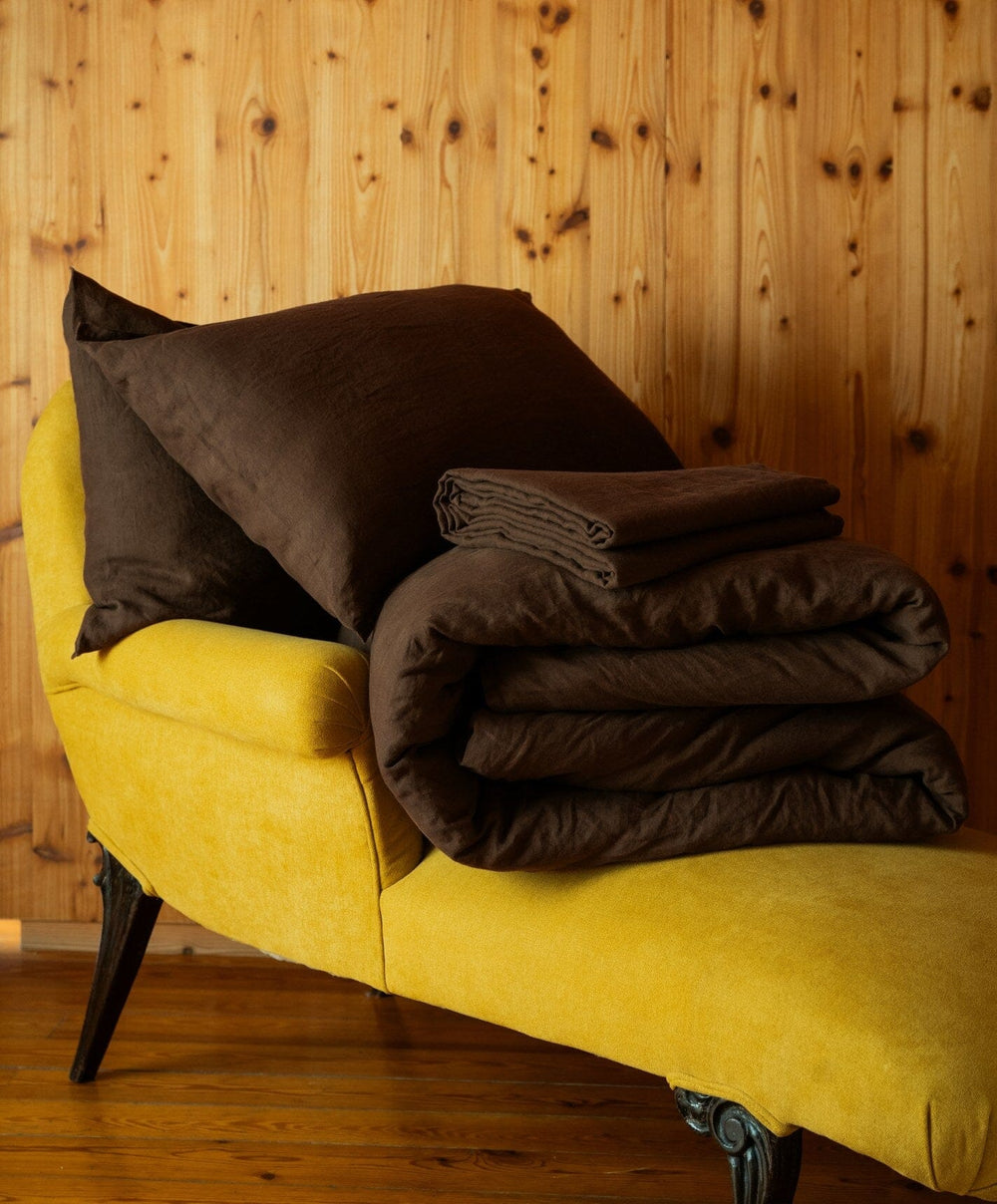Linen Fitted Sheet by Fable Home, shown in Walnut Brown.