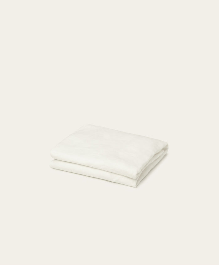 Linen Fitted Sheet by Fable Home, shown in Shell White. – #shellwhite/full #shellwhite/queen #shellwhite/king