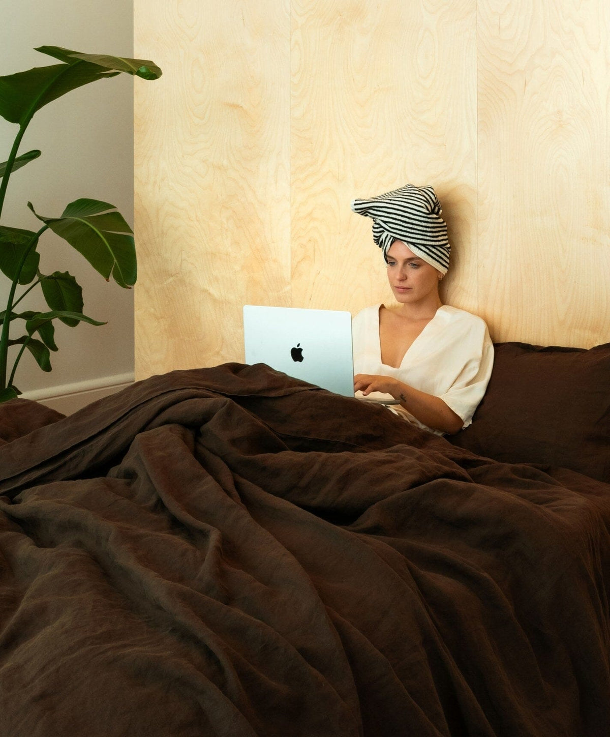 Linen Sheet Set by Fable Home, shown in Walnut Brown.