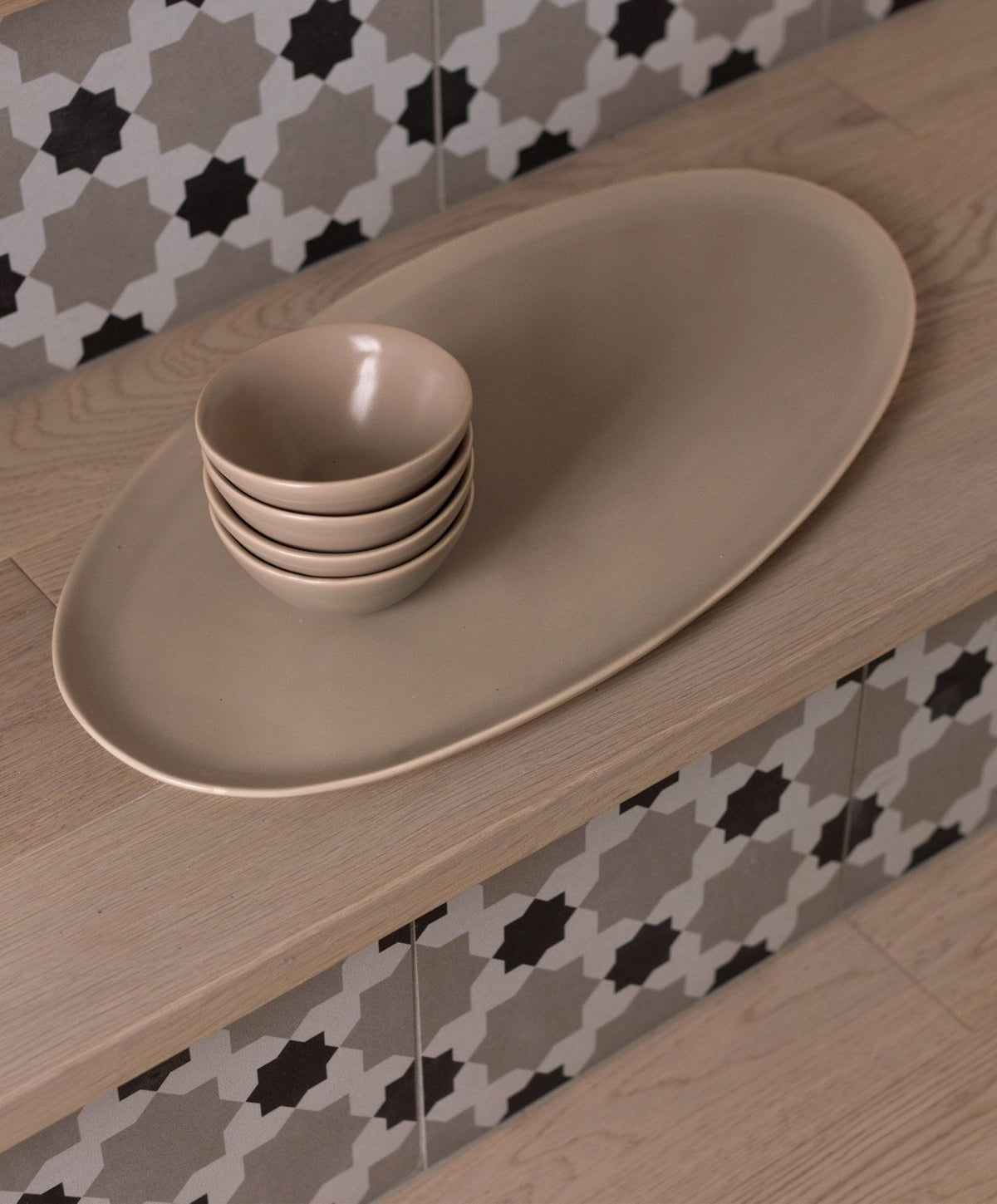 Oval Serving Platter by Fable Home, shown in Desert Taupe.
