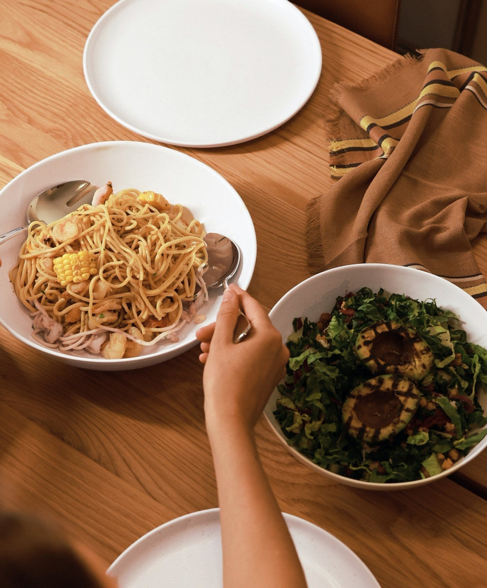 Low Serving Bowls by Fable Home, shown in Speckled White and Pearl White.