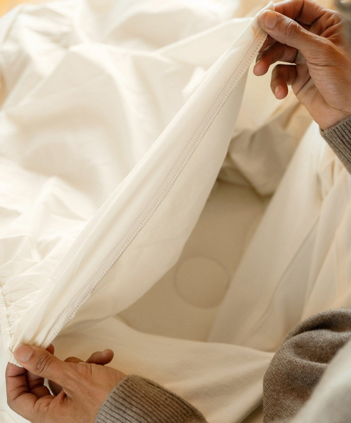 Percale Sheet Set by Fable Home, shown in Birch Sand.