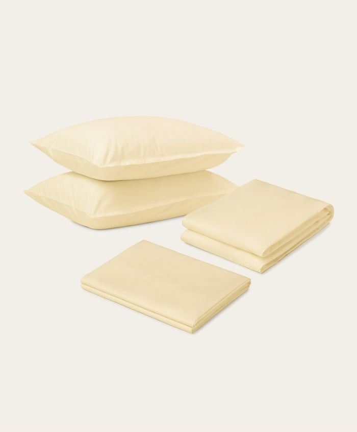 Percale Sheet Set by Fable Home, shown in Buttercup Yellow. – #buttercupyellow/queen #buttercupyellow/king