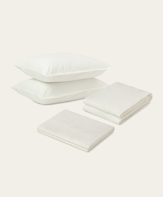 Percale Sheet Set by Fable Home, shown in Shell White. – #shellwhite/queen #shellwhite/king
